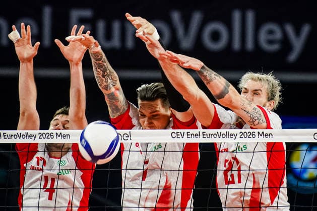 Volleyball - CEV EuroVolley 2026 Group B - Poland vs Bulgaria - 09.16.2026 SOFIA, BULGARIA - September 16th: Marcin Komenda, 4 of Poland, Bartlomiej Lemanski, 7 of Poland and Tomasz Fornal, 21 of Poland during CEV EuroVolley 2026, Group B match between Poland vs Bulgaria at Arena 8888 in Sofia, Bulgaria, on September 16th, 2026 in Sofia, Bulgaria. Copyright: xYulianxTodorovx