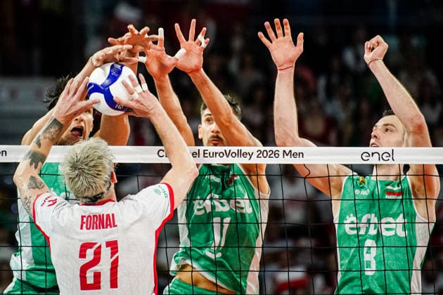 Volleyball - CEV EuroVolley 2026 Group B - Poland vs Bulgaria - 09.16.2026 SOFIA, BULGARIA - September 16th: Simeon Nikolov, 1 of Bulgaria, Aleks Grozdanov, 11 of Bulgaria and Asparuh Asparuhov, 8 of Bulgaria during CEV EuroVolley 2026, Group B match between Poland vs Bulgaria at Arena 8888 in Sofia, Bulgaria, on September 16th, 2026 in Sofia, Bulgaria. Copyright: xYulianxTodorovx
