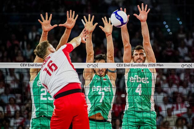 Volleyball - CEV EuroVolley 2026 Group B - Poland vs Bulgaria - 09.16.2026 SOFIA, BULGARIA - September 16th: Aleksandar Nikolov, 23 of Bulgaria, Preslav Petkov, 7 of Bulgaria and Martin Atanasov, 4 of Bulgaria during CEV EuroVolley 2026, Group B match between Poland vs Bulgaria at Arena 8888 in Sofia, Bulgaria, on September 16th, 2026 in Sofia, Bulgaria. Copyright: xYulianxTodorovx