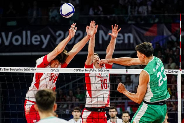 Volleyball - CEV EuroVolley 2026 Group B - Poland vs Bulgaria - 09.16.2026 SOFIA, BULGARIA - September 16th: Szymon Jakubiszak, 34 of Poland and Kamil Semeniuk, 16 of Poland during CEV EuroVolley 2026, Group B match between Poland vs Bulgaria at Arena 8888 in Sofia, Bulgaria, on September 16th, 2026 in Sofia, Bulgaria. Copyright: xYulianxTodorovx