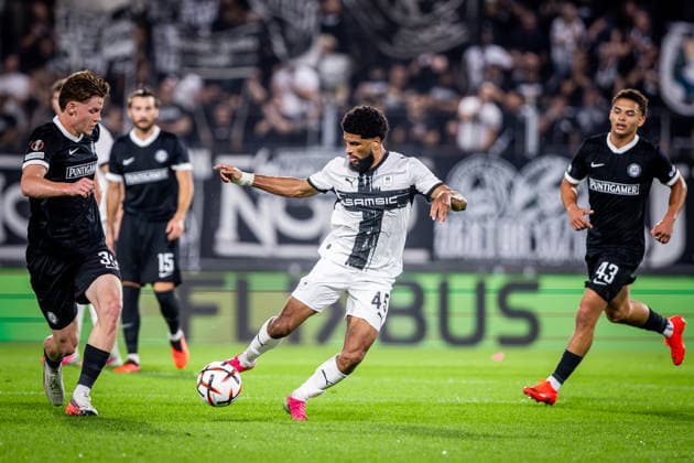 STURM GRAZ - RENNES Luca Weinhandl of Sturm and Mahdi Camara of Rennes during the matchday 1 of UEFA Europa league - league phase football match between SK Sturm Graz and Rennes at the Stadium Graz Liebenau. Graz, Austria, September 16, 2026. Photo by Branislav Racko Copyright: xx 080A2802