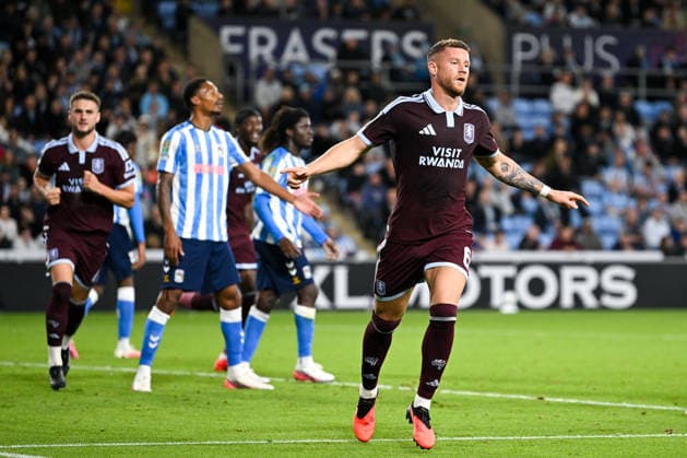 Coventry, England, 16th September 2026. Ross Barkley of Aston Villa celebrates scoring a goal for his side during the Coventry City vs Aston Villa Carabao Cup match at the Coventry Building Society Arena, Coventry. Picture credit should read: Harriet Massey Sportimage EDITORIAL USE ONLY. No use with unauthorised audio, video, data, fixture lists, club league logos or live services. Online in-match use limited to 120 images, no video emulation. No use in betting, games or single club league player publications. SPI_051_HM_COV_v_Villa_160926 SPI-5000-0043