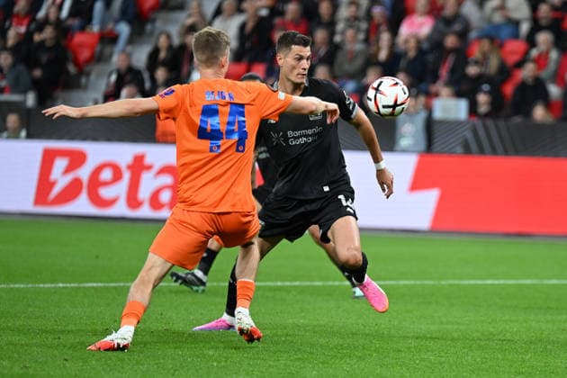 September 16, 2026, GER, Soccer, Men s, Europa League, 2026–2027 Season, Matchday 1 of the group stage, Bayer 04 Leverkusen (GER) vs. NK Celje (SVN) Patrick Schick (Leverkusen) 14, in a tackle against Å u0081ukasz Bejger, NK Celje, No. 44; DFB and DFL regulations prohibit any use of photographs as image sequences and or quasi-video. Leverkusen BayArena, North Rhine-Westphalia, Germany Copyright: xNordphoto Meuterx