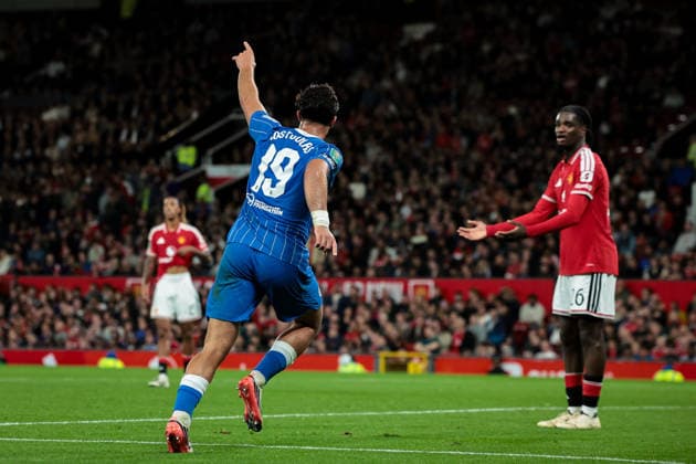 Carabao Cup round 3 Manchester United, ManU v Brighton & Hove Albion Charalampos Kostoulas of Brighton & Hove Albion celebrates his goal to make it 2-1 during the Carabao Cup round 3 match Manchester United vs Brighton & Hove Albion at Old Trafford, Manchester, United Kingdom on 16 September 2026 (Photo by Mark Cosgrove News Images) Manchester Old Trafford Greater Manchester United Kingdom Copyright: xMarkxCosgrove NewsxImagesx