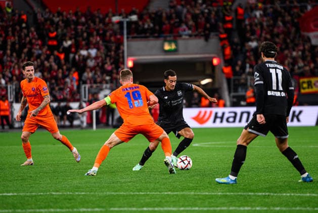 LEVERKUSEN, GERMANY - 16 SEPTEMBER, 2026: Lucas Vazquez of Bayer 04 Leverkusen, Germany, Mark Zabukovnik of NK Celje, Slovenia - The UEFA Europa League match Bayer 04 Leverkusen vs. NK Celje at BayArena.  Copyright: xVitaliixKliuievx