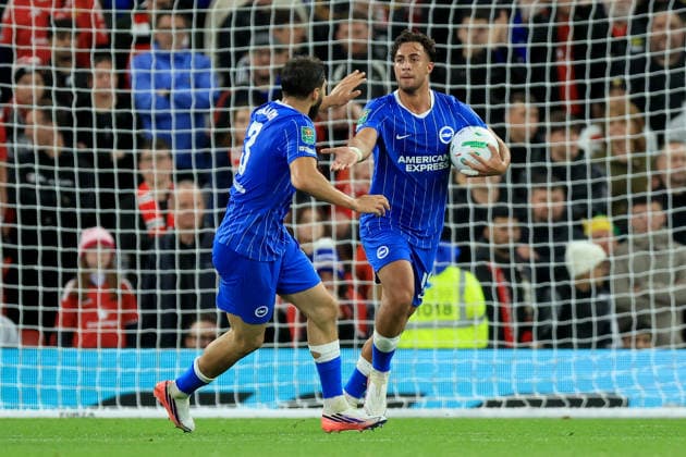 Manchester United, ManU v Brighton and Hove Albion - Carabao Cup Third Round Jaouen Hadjam of Brighton and Hove Albion and Charalampos Kostoulas of Brighton and Hove Albion celebrate Brighton 1st goal during the Carabao Cup Third Round match between Manchester United and Brighton & Hove Albion at Old Trafford on September 16, 2026 in Manchester, England. WARNING! This Photograph May Only Be Used For Newspaper And Or Magazine Editorial Purposes. May Not Be Used For Publications Involving 1 player, 1 Club Or 1 Competition Without Written Authorisation From Football DataCo Ltd. For Any Queries, Please Contact Football DataCo Ltd on +44 (0) 207 864 9121 Manchester Old Trafford England United Kingdom Copyright: xAllstarxPicturexLibraryxLtdx