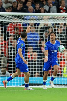 Manchester United, ManU v Brighton and Hove Albion - Carabao Cup Third Round Jaouen Hadjam and Charalampos Kostoulas of Brighton and Hove Albion celebrate Brighton 1st goal during the Carabao Cup Third Round match between Manchester United and Brighton & Hove Albion at Old Trafford on September 16, 2026 in Manchester, England. WARNING! This Photograph May Only Be Used For Newspaper And Or Magazine Editorial Purposes. May Not Be Used For Publications Involving 1 player, 1 Club Or 1 Competition Without Written Authorisation From Football DataCo Ltd. For Any Queries, Please Contact Football DataCo Ltd on +44 (0) 207 864 9121 Manchester Old Trafford England United Kingdom Copyright: xAllstarxPicturexLibraryxLtdx