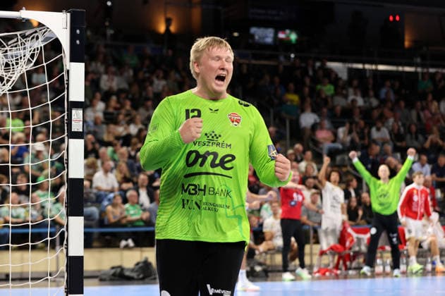 Goalkeeper Emil Nielsen celebrates after a save: Joy, Emotion, Celebration, Sports, Handball, Champions League, Men s Champions League, Matchday 2, 2026–2027 Season, September 16, 2026, Füchse Berlin vs. One Veszprém HC at the Max Schmeling Halle