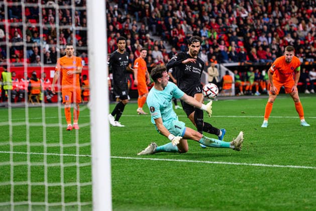 LEVERKUSEN, GERMANY - 16 SEPTEMBER, 2026: Martin Terrier of Bayer 04 Leverkusen, Germany, Zan-Luk Leban of NK Celje, Slovenia - The UEFA Europa League match Bayer 04 Leverkusen vs. NK Celje at BayArena.  Copyright: xVitaliixKliuievx