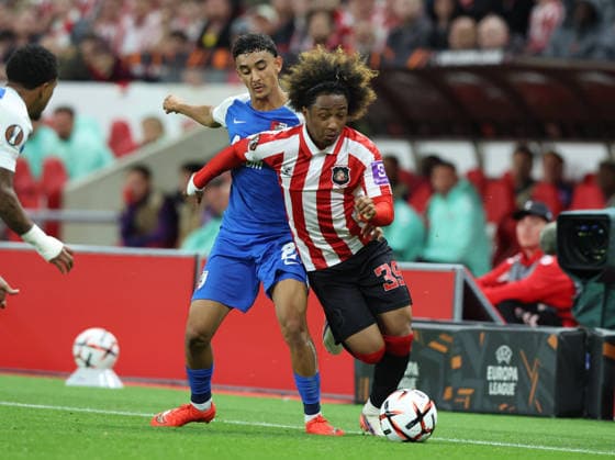 Sunderland, England, 16th September 2026. Malick Fofana (R) of Sunderland in action with Ayoub Oufkir of AZ Alkmaar during the Sunderland vs AZ Alkmaar UEFA Europa League match at the Stadium Of Light, Sunderland. Picture credit should read: Nigel Roddis Sportimage EDITORIAL USE ONLY. No use with unauthorised audio, video, data, fixture lists, club league logos or live services. Online in-match use limited to 120 images, no video emulation. No use in betting, games or single club league player publications. SPI_014_NR_SUND_AZAL SPI-5002-0014