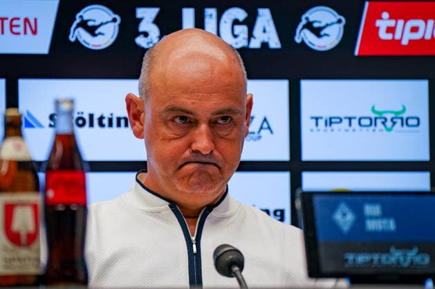 German Soccer 3rd Division 2026–2027, Matchday 6: SV Waldhof Mannheim vs. Rot-Weiss Essen, Carl Benz Stadium, Mannheim; Rui Mota, Coach of Waldhof Mannheim; facial expressions, emotions, press conference, media Copyright: xJOERANxSTEINSIEKx
