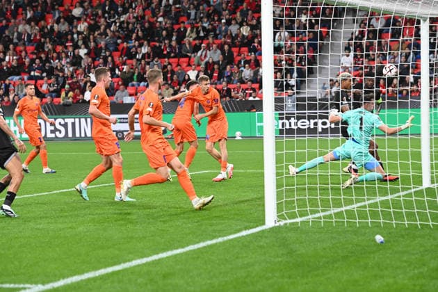 Own goal by Svit SESLAR of NK Celje, making the score 1–0 for Bayer Leverkusen. Bayer Leverkusen vs. NK Celje, soccer, UEFA Europa League, Matchday 1, on September 16, 2026, in Leverkusen, Germany. UEFA regulations prohibit any use of photographs as image sequences and or quasi-video.
