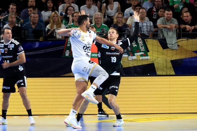 September 16, 2026, GER Germany, Handball, EHF Champions League, September 16, 2026, 2026–2027 season, Berlin, Fuechse Berlin vs. Veszprém HC, Mathias Gidsel (Fuechse Berlin) 19, , Ahmed Hesham (Veszprém) 15, nordphoto GmbH, Engler Berlin, Max Schmeling Hall, Berlin, Germany Copyright: xNordphotox xEnglerx
