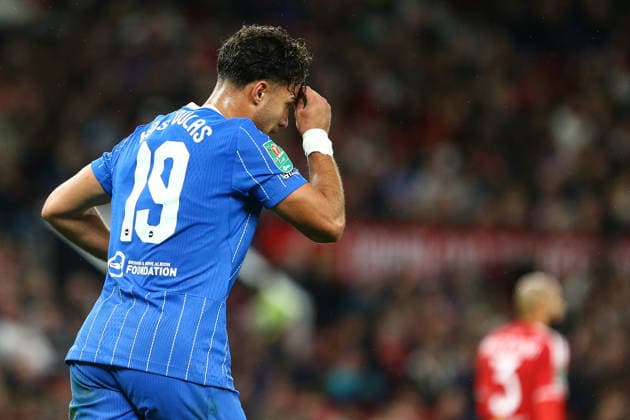 MANCHESTER, ENGLAND, SEPTEMBER 16: Charalampos Kostoulas of Brighton & Hove Albion celebrates his teams first goal during a Carabao Cup Third Round match between Manchester United, ManU and Brighton & Hove Albion at the Old Trafford on September 16, 2026 in York, England. (Photo by Zach Forster Sports Press Photo) Copyright: xZachxForster SportsxPressxPhotox Sportspressphoto_SPR233077