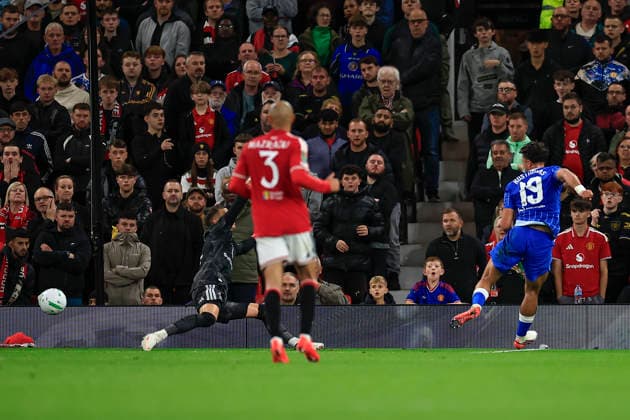Manchester United, ManU v Brighton and Hove Albion, EFL Cup GOAL. Charalampos Kostoulas (19) of Brighton & Hove Albion scores to make it 1-0 during the EFL Cup match between Manchester United and Brighton and Hove Albion at Old Trafford, Manchester, UK on 16 September 2026. Manchester Old Trafford Greater Manchester UK Editorial use only DataCo restrictions apply See www.football-dataco.com , Copyright: xConorxMolloyx PSI-24894-0041