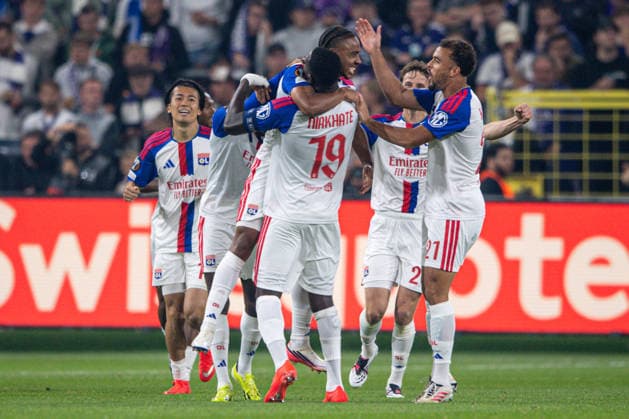 September 16, 2026 UEFA Europa League, RSC Anderlecht vs. Olympique Lyon at Lotto Park Noah Nartey Olympique Lyon celebrates his goal with Moussa Niakhaté Olympique Lyon IMPORTANT NOTICE In accordance with DFL and UEFA regulations, it is prohibited to use or allow the use of photographs taken in the stadium and or during the match in the form of sequential images and or video-like photo series Copyright: xJordyxFourgonx