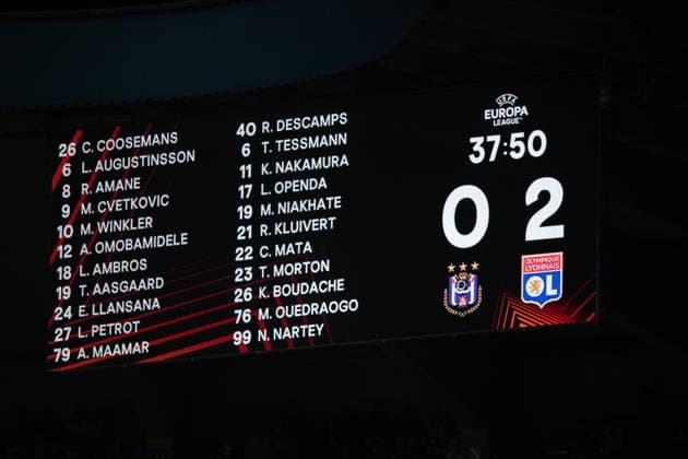 September 16, 2026 UEFA Europa League, RSC Anderlecht vs. Olympique Lyon at Lotto Park Score after 37:50 IMPORTANT NOTICE In accordance with DFL and UEFA regulations, it is prohibited to use or allow the use of photographs taken in the stadium and or during the match in the form of sequential images and or video-like photo sequences. Copyright: xJordyxFourgonx