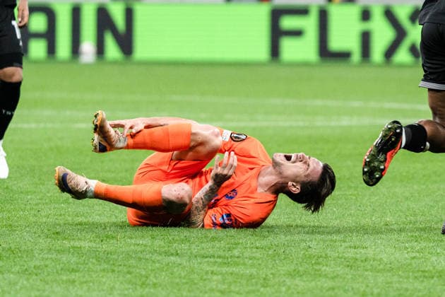 2026–2027 UEFA Europa League, Bayer 04 Leverkusen vs. NK Celje, Matchday 1, Wednesday, September 16, 2026, BayArena, North Rhine-Westphalia, Germany; Benjamin Verbic injured on the field Copyright: xCelinaxLeiersx