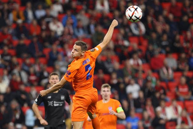 Pijus Å irvys of NK Celje controls the ball during the 2026–27 UEFA Europa League group stage match between Bayer 04 Leverkusen and NK Celje at BayArena on September 16, 2026, in Leverkusen, Germany. Photo by Oliver Kaelke, DeFodi Images