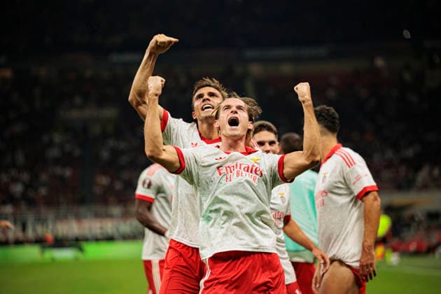 Joao Palhinha and Jakub Kaminski seen celebrating after scoring goal during UEFA Europa League MD1 game between teams of AC Milan and SL Benfica (Maciej Rogowski Ball Raw Images) Milan San Siro Italy Copyright: xMaciejxRogowskix maciejrogowski_acmilan_benfica_2627_3-6