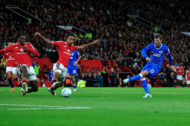 Manchester United, ManU v Brighton and Hove Albion, EFL Cup GOAL. Pascal Gross (13) of Brighton & Hove Albion scores to make it 2-2 during the EFL Cup match between Manchester United and Brighton and Hove Albion at Old Trafford, Manchester, UK on 16 September 2026. Manchester Old Trafford Greater Manchester UK Editorial use only DataCo restrictions apply See www.football-dataco.com , Copyright: xConorxMolloyx PSI-24894-0044