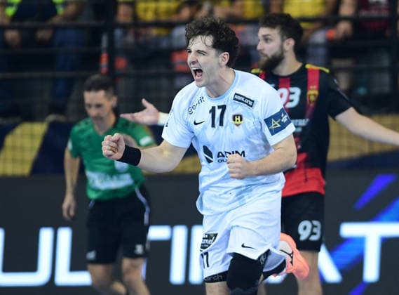 EHF Champions League. Noam Leopold from HBC Nantes celebrates during EHF Champions League group phase match between HC Vardar and HBC Nantes in Skopje, North Macedonia, September 16 2026. IMAGO PETR STOJANOVSKI