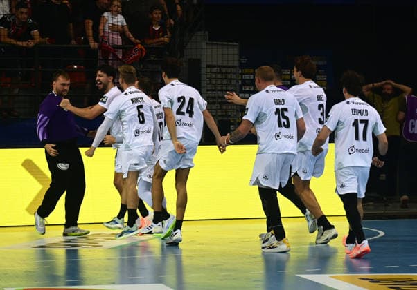 EHF Champions League. Players of HBC Nantes celebrate after winning the EHF Champions League group phase match between HC Vardar and HBC Nantes in Skopje, North Macedonia, September 16 2026. IMAGO PETR STOJANOVSKI