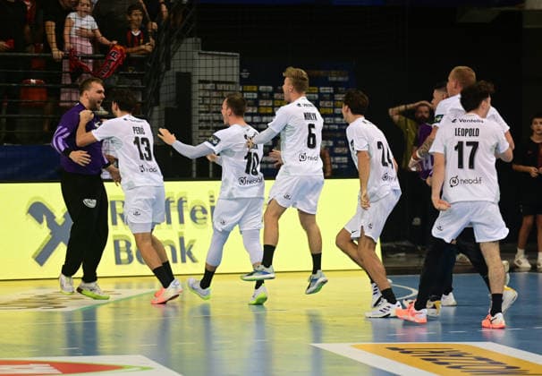 EHF Champions League. Players of HBC Nantes celebrate after winning the EHF Champions League group phase match between HC Vardar and HBC Nantes in Skopje, North Macedonia, September 16 2026. IMAGO PETR STOJANOVSKI