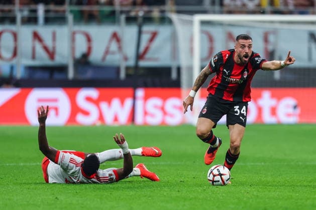 Mario Gila of AC Milan seen in action during UEFA Europa League 2026 27 League Phase - Matchday 1 football match between AC Milan and SL Benfica. Italy Copyright: xBEAUTIFULxSPORTS Carabellix