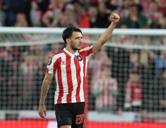 Sunderland, England, 16th September 2026. Enzo Le Fee of Sunderland celebrates scoring the first goal during the Sunderland vs AZ Alkmaar UEFA Europa League match at the Stadium Of Light, Sunderland. Picture credit should read: Nigel Roddis Sportimage EDITORIAL USE ONLY. No use with unauthorised audio, video, data, fixture lists, club league logos or live services. Online in-match use limited to 120 images, no video emulation. No use in betting, games or single club league player publications. SPI_019_NR_SUND_AZAL SPI-5002-0019
