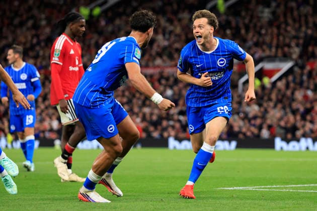 Manchester United, ManU v Brighton and Hove Albion - Carabao Cup Third Round Maxim De Cuyper of Brighton and Hove Albion celebrates 3rd goal during the Carabao Cup Third Round match between Manchester United and Brighton & Hove Albion at Old Trafford on September 16, 2026 in Manchester, England. WARNING! This Photograph May Only Be Used For Newspaper And Or Magazine Editorial Purposes. May Not Be Used For Publications Involving 1 player, 1 Club Or 1 Competition Without Written Authorisation From Football DataCo Ltd. For Any Queries, Please Contact Football DataCo Ltd on +44 (0) 207 864 9121 Manchester Old Trafford England United Kingdom Copyright: xAllstarxPicturexLibraryxLtdx