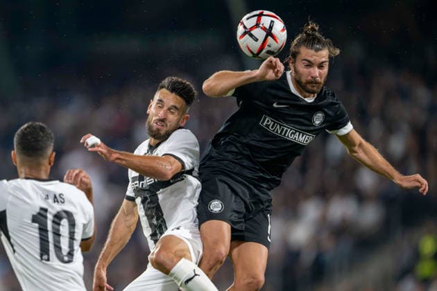 SOCCER - UEFA EL, Sturm vs Rennais GRAZ,AUSTRIA,16.SEP.26 - SOCCER - UEFA Europa League, Sturm Graz vs Stade Rennais FC. Image shows Adrien Thomasson (Rennes) and Gizo Mamageishvili (Sturm).  GEPAxpictures xAvnixRetkoceri
