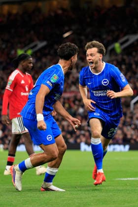 Manchester United, ManU v Brighton and Hove Albion - Carabao Cup Third Round Maxim De Cuyper of Brighton and Hove Albion celebrates 3rd goal during the Carabao Cup Third Round match between Manchester United and Brighton & Hove Albion at Old Trafford on September 16, 2026 in Manchester, England. WARNING! This Photograph May Only Be Used For Newspaper And Or Magazine Editorial Purposes. May Not Be Used For Publications Involving 1 player, 1 Club Or 1 Competition Without Written Authorisation From Football DataCo Ltd. For Any Queries, Please Contact Football DataCo Ltd on +44 (0) 207 864 9121 Manchester Old Trafford England United Kingdom Copyright: xAllstarxPicturexLibraryxLtdx