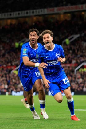 Manchester United, ManU v Brighton and Hove Albion - Carabao Cup Third Round Charalampos Kostoulas and Maxim De Cuyper of Brighton and Hove Albion celebrates 3rd goal during the Carabao Cup Third Round match between Manchester United and Brighton & Hove Albion at Old Trafford on September 16, 2026 in Manchester, England. WARNING! This Photograph May Only Be Used For Newspaper And Or Magazine Editorial Purposes. May Not Be Used For Publications Involving 1 player, 1 Club Or 1 Competition Without Written Authorisation From Football DataCo Ltd. For Any Queries, Please Contact Football DataCo Ltd on +44 (0) 207 864 9121 Manchester Old Trafford England United Kingdom Copyright: xAllstarxPicturexLibraryxLtdx