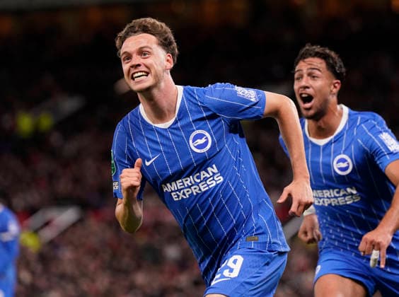 Manchester, England, 16th September 2026. Maxim De Cuyper of Brighton celebrates scoring their third goal during the Manchester United, ManU vs Brighton and Hove Albion Carabao Cup match at Old Trafford, Manchester. Picture credit should read: Andrew Yates Sportimage EDITORIAL USE ONLY. No use with unauthorised audio, video, data, fixture lists, club league logos or live services. Online in-match use limited to 120 images, no video emulation. No use in betting, games or single club league player publications. SPI_037_AY_MAN_UTD_BRIGHTON SPI-5001-0037