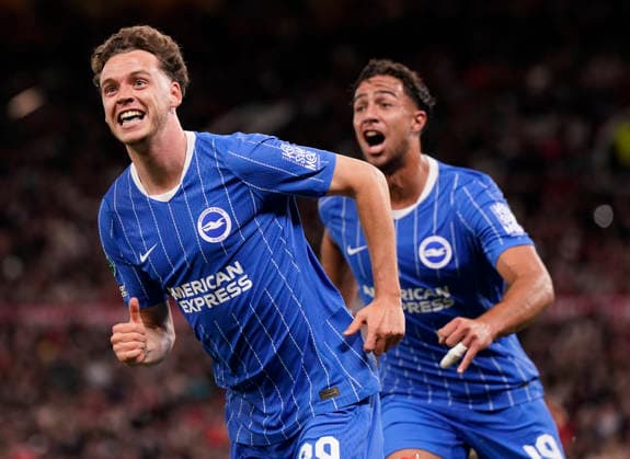 Manchester, England, 16th September 2026. Maxim De Cuyper of Brighton celebrates scoring their third goal during the Manchester United, ManU vs Brighton and Hove Albion Carabao Cup match at Old Trafford, Manchester. Picture credit should read: Andrew Yates Sportimage EDITORIAL USE ONLY. No use with unauthorised audio, video, data, fixture lists, club league logos or live services. Online in-match use limited to 120 images, no video emulation. No use in betting, games or single club league player publications. SPI_038_AY_MAN_UTD_BRIGHTON SPI-5001-0038