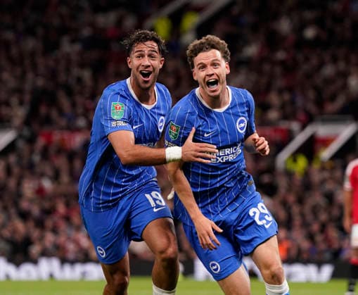 Manchester, England, 16th September 2026. Maxim De Cuyper of Brighton celebrates scoring their third goal during the Manchester United, ManU vs Brighton and Hove Albion Carabao Cup match at Old Trafford, Manchester. Picture credit should read: Andrew Yates Sportimage EDITORIAL USE ONLY. No use with unauthorised audio, video, data, fixture lists, club league logos or live services. Online in-match use limited to 120 images, no video emulation. No use in betting, games or single club league player publications. SPI_040_AY_MAN_UTD_BRIGHTON SPI-5001-0040