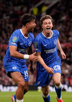 Manchester, England, 16th September 2026. Maxim De Cuyper of Brighton celebrates scoring their third goal during the Manchester United, ManU vs Brighton and Hove Albion Carabao Cup match at Old Trafford, Manchester. Picture credit should read: Andrew Yates Sportimage EDITORIAL USE ONLY. No use with unauthorised audio, video, data, fixture lists, club league logos or live services. Online in-match use limited to 120 images, no video emulation. No use in betting, games or single club league player publications. SPI_042_AY_MAN_UTD_BRIGHTON SPI-5001-0042