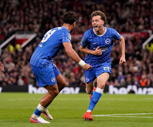 Manchester, England, 16th September 2026. Maxim De Cuyper of Brighton celebrates scoring their third goal during the Manchester United, ManU vs Brighton and Hove Albion Carabao Cup match at Old Trafford, Manchester. Picture credit should read: Andrew Yates Sportimage EDITORIAL USE ONLY. No use with unauthorised audio, video, data, fixture lists, club league logos or live services. Online in-match use limited to 120 images, no video emulation. No use in betting, games or single club league player publications. SPI_043_AY_MAN_UTD_BRIGHTON SPI-5001-0043
