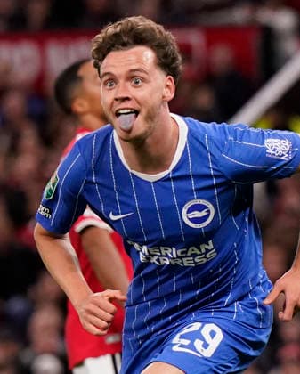 Manchester, England, 16th September 2026. Maxim De Cuyper of Brighton celebrates scoring their third goal during the Manchester United, ManU vs Brighton and Hove Albion Carabao Cup match at Old Trafford, Manchester. Picture credit should read: Andrew Yates Sportimage EDITORIAL USE ONLY. No use with unauthorised audio, video, data, fixture lists, club league logos or live services. Online in-match use limited to 120 images, no video emulation. No use in betting, games or single club league player publications. SPI_045_AY_MAN_UTD_BRIGHTON SPI-5001-0045