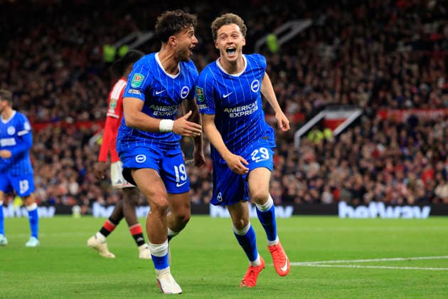 Manchester United, ManU v Brighton and Hove Albion - Carabao Cup Third Round Charalampos Kostoulas and Maxim De Cuyper of Brighton and Hove Albion celebrates 3rd goal during the Carabao Cup Third Round match between Manchester United and Brighton & Hove Albion at Old Trafford on September 16, 2026 in Manchester, England. WARNING! This Photograph May Only Be Used For Newspaper And Or Magazine Editorial Purposes. May Not Be Used For Publications Involving 1 player, 1 Club Or 1 Competition Without Written Authorisation From Football DataCo Ltd. For Any Queries, Please Contact Football DataCo Ltd on +44 (0) 207 864 9121 Manchester Old Trafford England United Kingdom Copyright: xAllstarxPicturexLibraryxLtdx