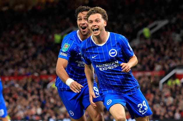Manchester United, ManU v Brighton and Hove Albion - Carabao Cup Third Round Charalampos Kostoulas and Maxim De Cuyper of Brighton and Hove Albion celebrates 3rd goal during the Carabao Cup Third Round match between Manchester United and Brighton & Hove Albion at Old Trafford on September 16, 2026 in Manchester, England. WARNING! This Photograph May Only Be Used For Newspaper And Or Magazine Editorial Purposes. May Not Be Used For Publications Involving 1 player, 1 Club Or 1 Competition Without Written Authorisation From Football DataCo Ltd. For Any Queries, Please Contact Football DataCo Ltd on +44 (0) 207 864 9121 Manchester Old Trafford England United Kingdom Copyright: xAllstarxPicturexLibraryxLtdx