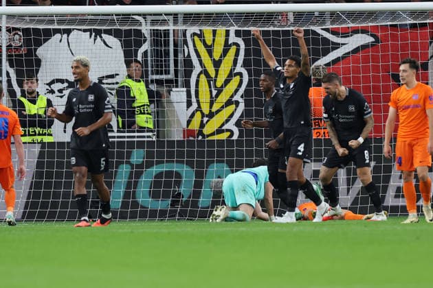 September 16, 2026, GER, Soccer, Men s, Europa League, 2026–2027 Season, Matchday 1 of the group stage, Bayer 04 Leverkusen (GER) vs. NK Celje (SVN), 2–0 for Leverkusen thanks to Facundo Medina (Leverkusen 2), goal celebration, cheering, victory lap; Loïc Badé (Leverkusen 5); Jarell Quansah (Leverkusen 4); Robert Andrich (Leverkusen 8), DFB and DFL regulations prohibit any use of photographs as image sequences and or quasi-video; Leverkusen BayArena, NRW, Germany Copyright: xNordphoto Meuterx