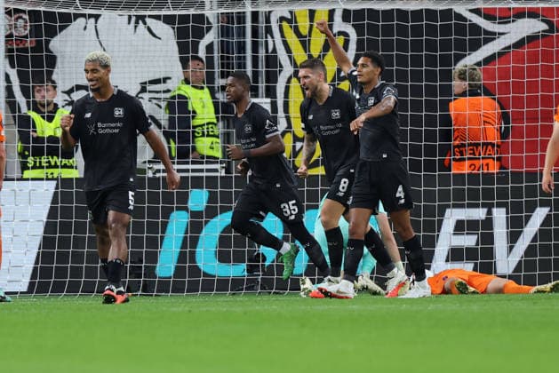 September 16, 2026, GER, Soccer, Men s, Europa League, 2026–2027 Season, Matchday 1 of the group stage, Bayer 04 Leverkusen (GER) vs. NK Celje (SVN) 2–0 for Leverkusen thanks to Facundo Medina (Leverkusen 2), goal celebration, cheering, victory lap; Loïc Badé (Leverkusen 5), Jarell Quansah (Leverkusen 4), Robert Andrich (Leverkusen 8), Christian Kofane (Leverkusen 35), DFB and DFL regulations prohibit any use of photographs as image sequences and or quasi-video; Leverkusen BayArena, NRW, Germany Copyright: xNordphoto Meuterx