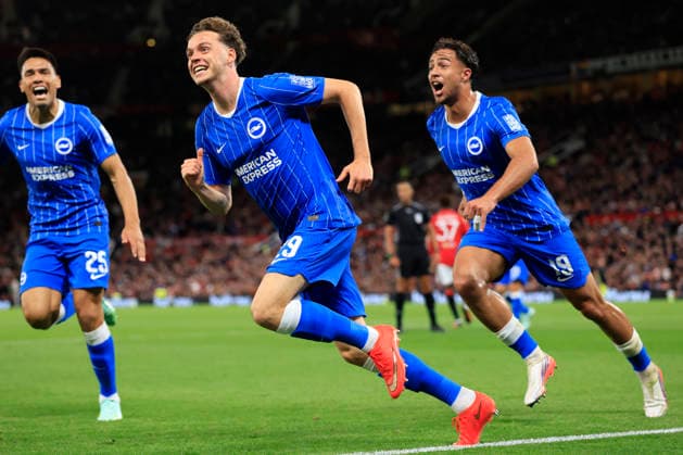 Manchester United, ManU v Brighton and Hove Albion - Carabao Cup Third Round Charalampos Kostoulas and Maxim De Cuyper of Brighton and Hove Albion celebrates 3rd goal during the Carabao Cup Third Round match between Manchester United and Brighton & Hove Albion at Old Trafford on September 16, 2026 in Manchester, England. WARNING! This Photograph May Only Be Used For Newspaper And Or Magazine Editorial Purposes. May Not Be Used For Publications Involving 1 player, 1 Club Or 1 Competition Without Written Authorisation From Football DataCo Ltd. For Any Queries, Please Contact Football DataCo Ltd on +44 (0) 207 864 9121 Manchester Old Trafford England United Kingdom Copyright: xAllstarxPicturexLibraryxLtdx