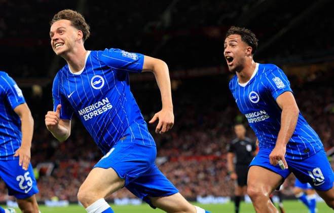 Manchester United, ManU v Brighton and Hove Albion - Carabao Cup Third Round Charalampos Kostoulas and Maxim De Cuyper of Brighton and Hove Albion celebrates 3rd goal during the Carabao Cup Third Round match between Manchester United and Brighton & Hove Albion at Old Trafford on September 16, 2026 in Manchester, England. WARNING! This Photograph May Only Be Used For Newspaper And Or Magazine Editorial Purposes. May Not Be Used For Publications Involving 1 player, 1 Club Or 1 Competition Without Written Authorisation From Football DataCo Ltd. For Any Queries, Please Contact Football DataCo Ltd on +44 (0) 207 864 9121 Manchester Old Trafford England United Kingdom Copyright: xAllstarxPicturexLibraryxLtdx