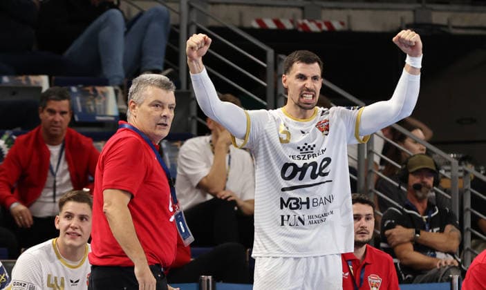Coach Xavier Pascual Fuertes, Ivan Martinovic celebrates joy emotion celebration sports handball CL Champions League Men s Matchday 2 Season 2026–2027 September 16, 2026 Füchse Berlin vs. One Veszprém HC at the Max Schmeling Halle