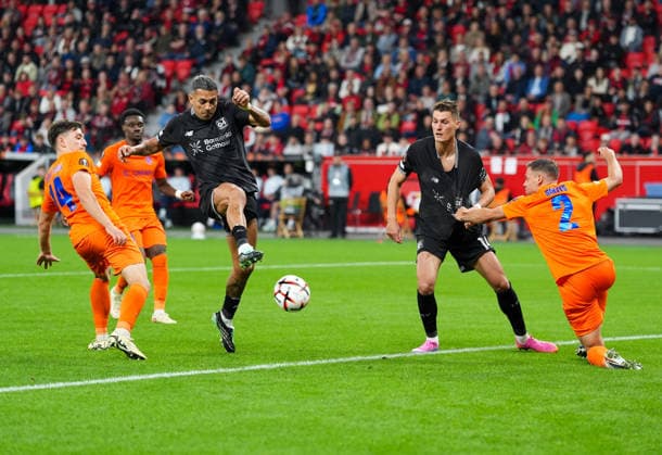 Facundo Medina (Bayer 04 Leverkusen, 2) shoots the ball while Patrik Schick (Bayer 04 Leverkusen, 14) watches. GER, Bayer 04 Leverkusen vs. NK Celje, UEFA Europa League, Matchday 1, 2026–27 season, BayArena, Leverkusen, September 16, 2026. DFL regulations prohibit any use of photographs as image sequences and or quasi-video. Bayer 04 Leverkusen vs. Celje, UEFA Europa League, Matchday 1, 2026–27 season, September 16, 2026, Leverkusen Copyright: xEibner-Pressefoto ScottxColemanx EP_SCN