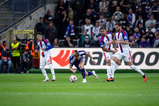 September 16, 2026 UEFA Europa League, RSC Anderlecht vs. Olympique Lyon at Lotto Park Thelo Aasgaard Anderlecht player falls after a foul IMPORTANT NOTICE In accordance with DFL and UEFA regulations, it is prohibited to use or allow the use of photographs taken in the stadium and or during the match in the form of sequential images and or video-like photo series Copyright: xJordyxFourgonx