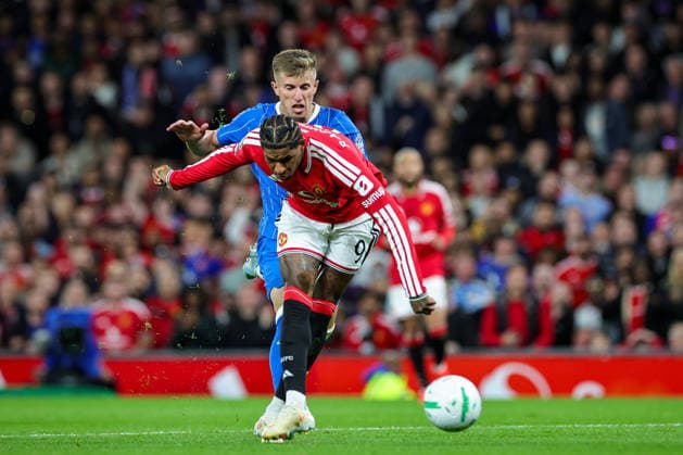 Carabao Cup round 3 Manchester United, ManU v Brighton & Hove Albion Marcus Rashford of Manchester United reacts after a missed chance on goal during the Carabao Cup round 3 match Manchester United vs Brighton & Hove Albion at Old Trafford, Manchester, United Kingdom on 16 September 2026 (Photo by Mark Cosgrove News Images) Manchester Old Trafford Greater Manchester United Kingdom Copyright: xMarkxCosgrove NewsxImagesx